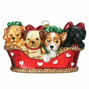 Puppies In A Basket Glass Ornament