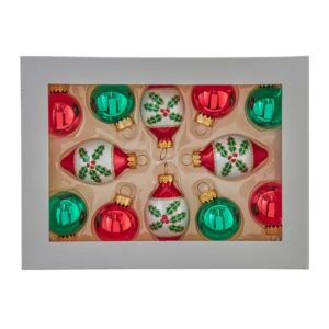 12 Piece Green & Red Ball and Finial Glass Ornaments