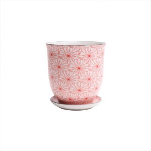 Liberte Pot With Saucer - Chive - Red Flowers - 3.25"
