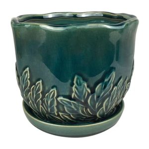 Sofia Planter with Attached Saucer – Green – 5″