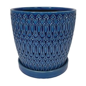 Nouvelle Scrolled Planter with Attached Saucer – Blue – 7.5″