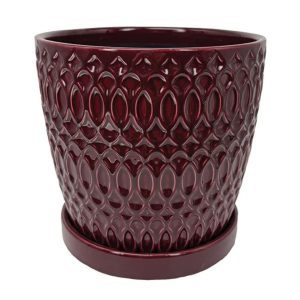 Nouvelle Scrolled Planter with Attached Saucer – Ruby Red – 5″