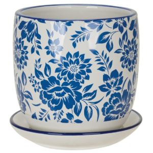 Delft Planter with Attached Saucer – White & Blue – 4.25″