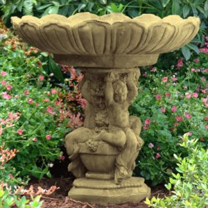 3 Cherubs Birdbath - Unique Stone - Aged Stone - 19" x 20"