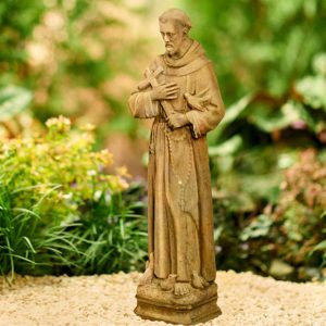 Small Saint With Cross Statue – Unique Stone – Aged Stone – 18″ x 5″