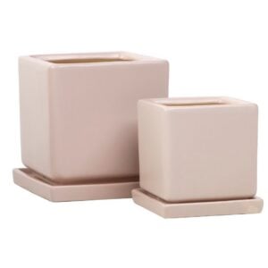 Petite Square Pot Attached Saucer - Alfresco - Taupe - 5"