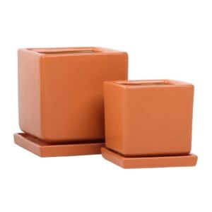 Petite Square Pot Attached Saucer - Alfresco - Orange - 5"