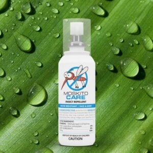 14 Hour Moskito Care Insect Repellent Spray bottle by Moskinto on a blown up leaf background with water droplets