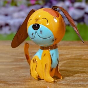 Metal Dog Statue – Zaer – Orange/Light Blue – 10″