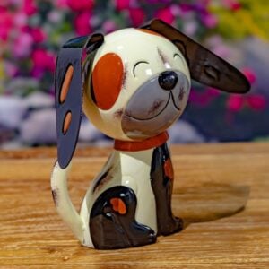 Metal Dog Statue – White with Spots – 9″