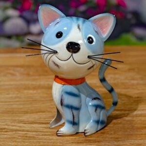 Metal Cat Statue - Zaer - Light Blue with Stripes - 9"