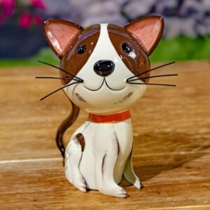 Metal Cat Statue - Zaer - White/Brown - 9"