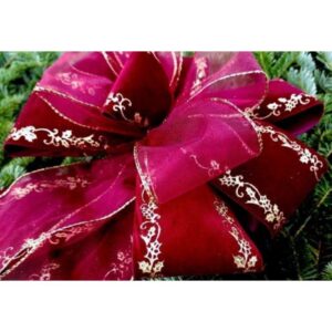 Velvet Sheer Embossed Bow - Burgundy/Gold - 9"