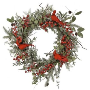 Cardinal Evergreen Wreath With Berries - Green/Red - 22"