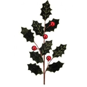 Velvet Holly Leaf Spray - Dark Green/Red - 17"
