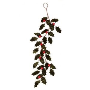 Velvet Holly Leaf Garland - Dark Green/Red - 47"
