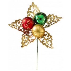 Triple Deco Ball Lace Leaf Pick - Red/Green/Gold - 7"