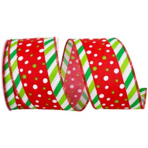 Dot and Line Wired Ribbon - Lime/Red - 2.5" x 10 YD