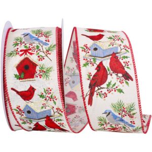 Cardinal Sparkle Wired Ribbon - Cream/Red/Blue - 2.5" x 20 YD