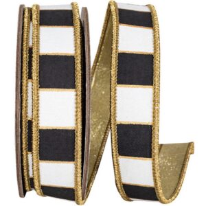 Gilded Check Metallic Wired Ribbon - Black/White/Gold - 1" x 5 YD