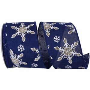 Linen Snowflake Wired Ribbon - Navy/Silver - 2.5" x 10 YD