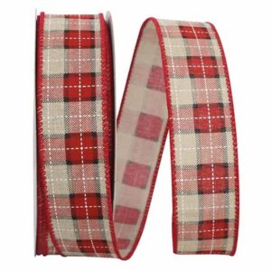 Linen Plaid Lauren Wired Ribbon - Red/Natural - 1.5" x 20 YD