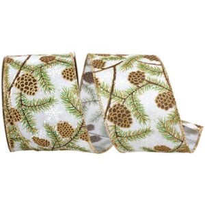 Pine Cone Linen Wired Ribbon - White/Brown/Green - 2.5" x 10 YD