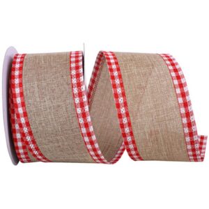 Linen Gingham Check Edge Wired Ribbon - Red/Natural - 2.5" x 10 YD