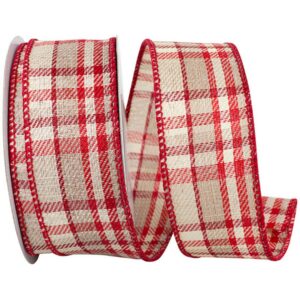 Twill Holiday Plaid Wired Ribbon - Natural/Red - 1.5" x 10 YD
