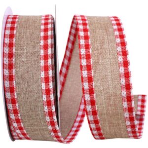 Linen Gingham Check Edge Wired Ribbon - Red/Natural - 1.5" x 10 YD