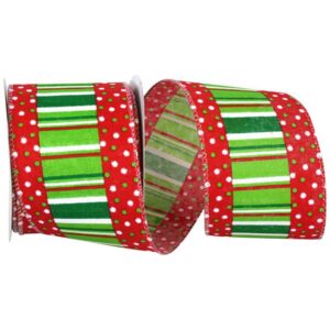 Festive Dot/Stripe Wired Ribbon - Red/Green - 2.5" x 10 YD
