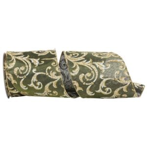 Scroll Filigree Glitter Wired Ribbon - Moss/Gold - 4" x 10 YD