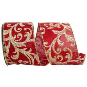 Scroll Filigree Glitter Wired Ribbon - Red/Gold - 4" x 10 YD