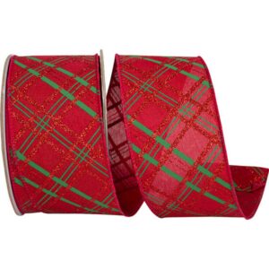 Glitter Holiday Plaid Wired Ribbon - Red/Green - 2.5" x 10 YD