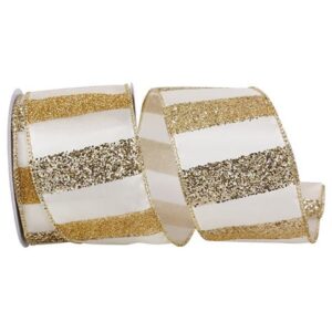 Glitter Bar Stripe Wired Ribbon - Ivory/Gold/Silver - 2.5" x 10 YD