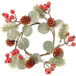 Glittered Berry and Pine Cone Candlering - 6"
