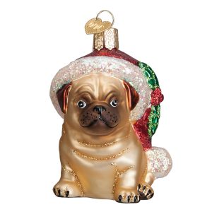 HOLLY HAT PUG GLASS ORNAMENT – OLD WORLD CHRISTMAS